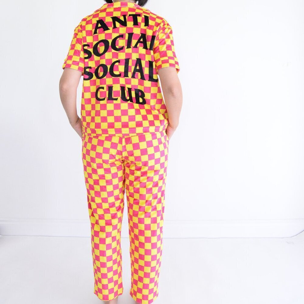 Anti Social Social Club Pink Yellow Checker Velour 2 Piece Pajamas 100% Cotton S